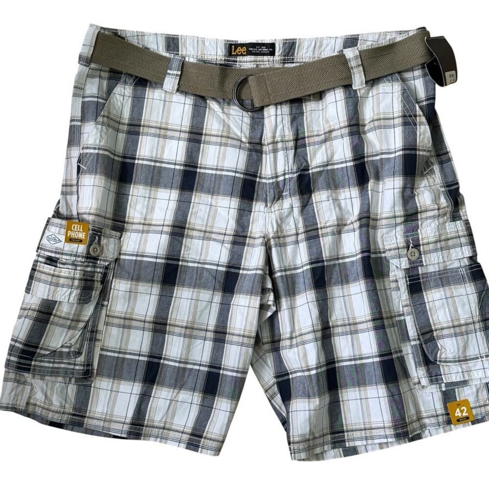 Lee Cargo Shorts Men Size 42 Plaid White Clifton Belted Cell Phone Pocket Casual